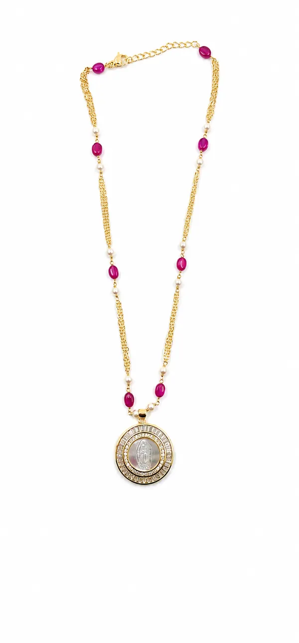 Gold_Tone_Pink_Beaded_Pendant_Necklace_For_Women