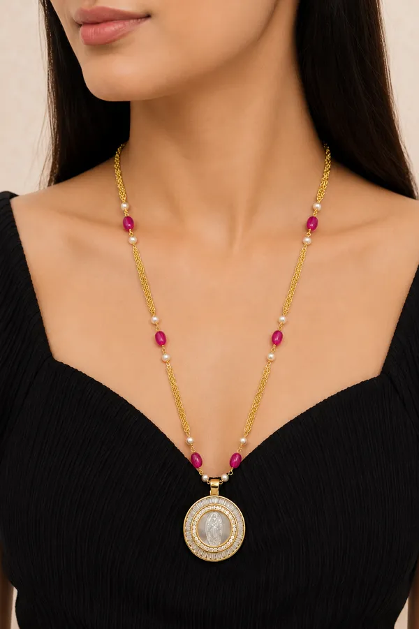 Gold_Tone_Pink_Beaded_Pendant_Necklace_For_Women
