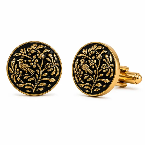 Black_Gold_Round_Floral_Cufflinks_for_Men