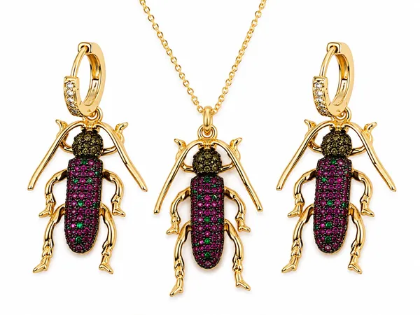 Gold_Tone_Beetle_Pendant_Necklace_And_Earrings_For_Women