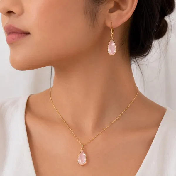 Gold_Tone_Teardrop_Pendant_Necklace_And_Earrings_Set_for_Women