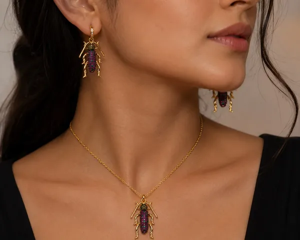 Gold_Tone_Beetle_Pendant_Necklace_And_Earrings_For_Women