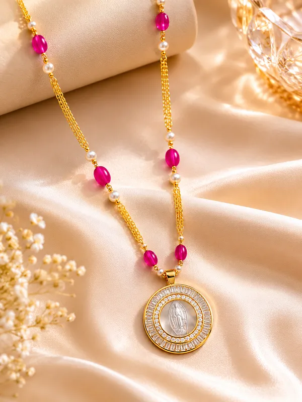Gold_Tone_Pink_Beaded_Pendant_Necklace_For_Women