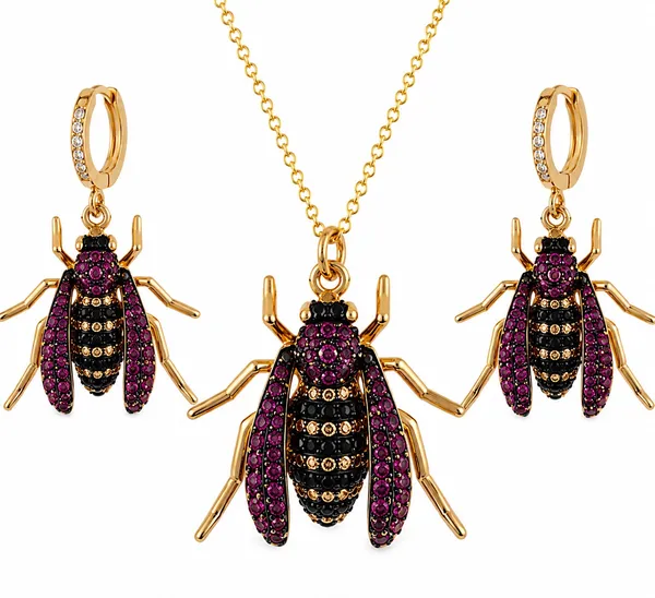 Gold_Tone_Beetle_Necklace_And_Earrings_Set_for_Women