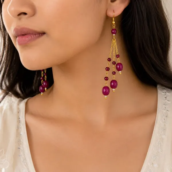 Maroon_Beaded_Gold_Tone_Drop_Earrings_for_Women