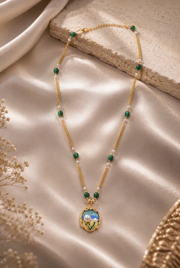 Gold_Tone_Green_Beaded_Pendant_Necklace_for_Women