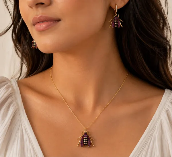 Gold_Tone_Beetle_Necklace_And_Earrings_Set_for_Women
