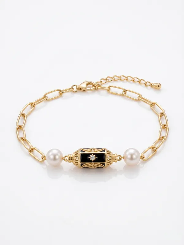 Gold_Tone_Pearl_And_Black_Bead_Bracelet_For_Women