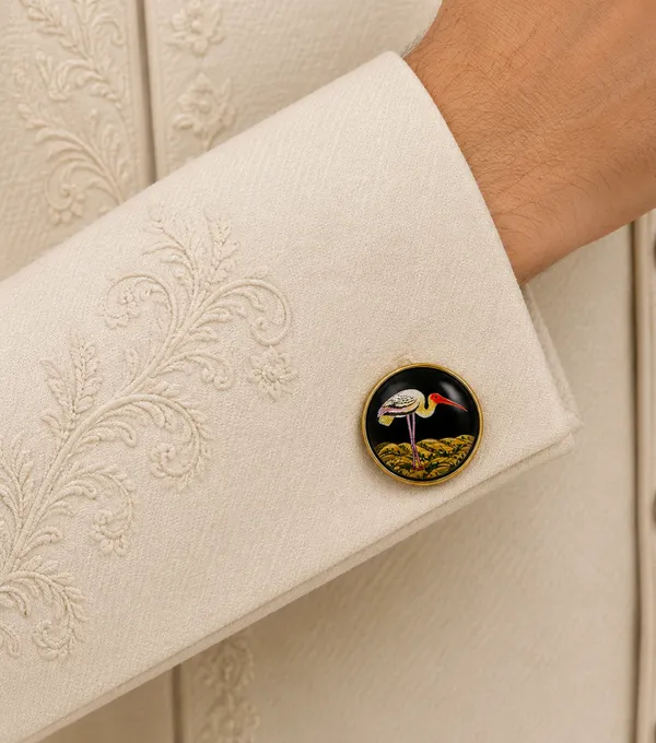 Gold_Tone_Crane_Motif_Round_Cufflinks_for_Men