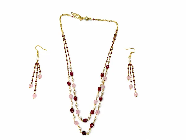 Gold_Tone_Beaded_Layered_Necklace_And_Earrings_Set_for_Women
