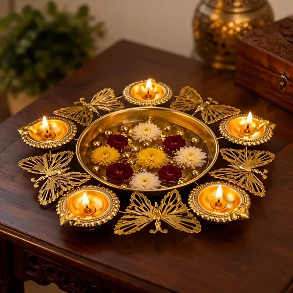 Metal_Festive_Floral_Butterfly_Urli_Diya_Set