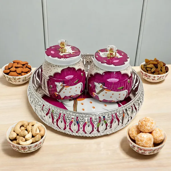 Metal_Traditional_Floral_Lotus_Serving_Tray_Set