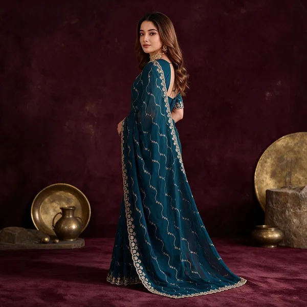 Teal_Georgette_Embroidered_Floral_Saree_For_Women