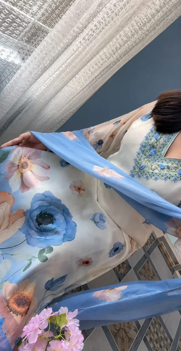 Cream_Blue_Floral_Print_Kurta_Set_For_Women
