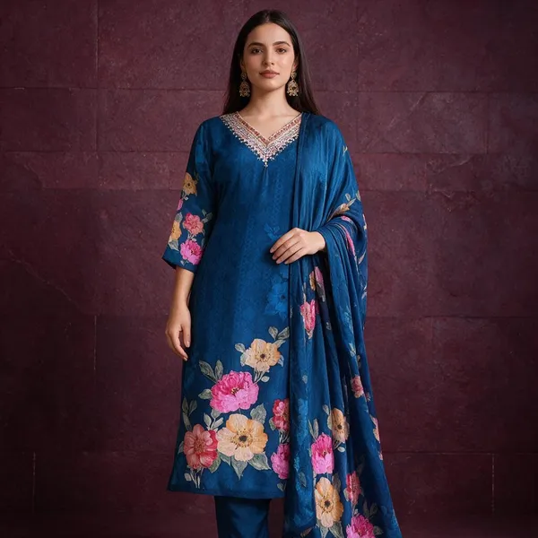 Blue_Silk_Straight_Floral_Print_Kurta_Set_For_Women