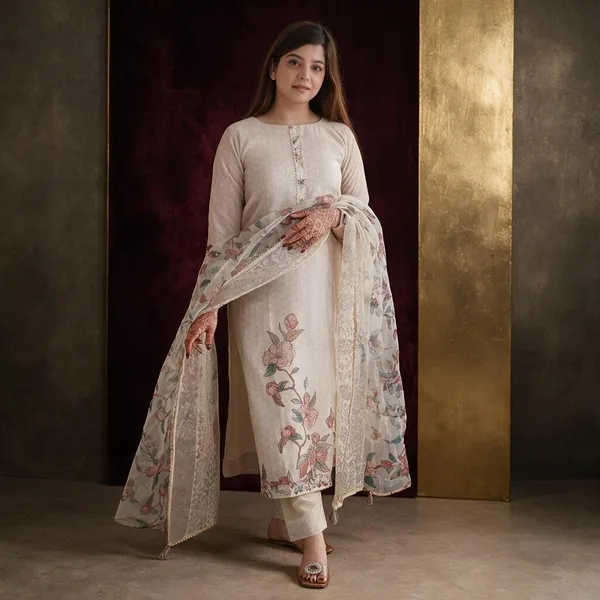 Beige_Linen_Relaxed_Fit_Kurta_With_Dupatta_For_Women