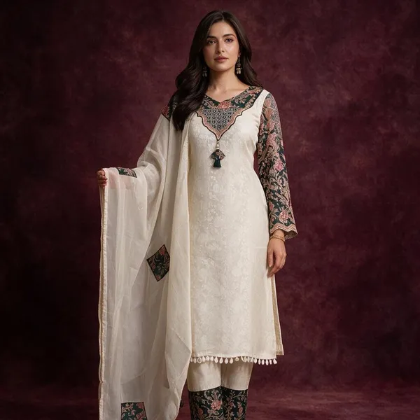 Cream_Banarasi_Straight_Floral_Printed_Kurta_Set_For_Women