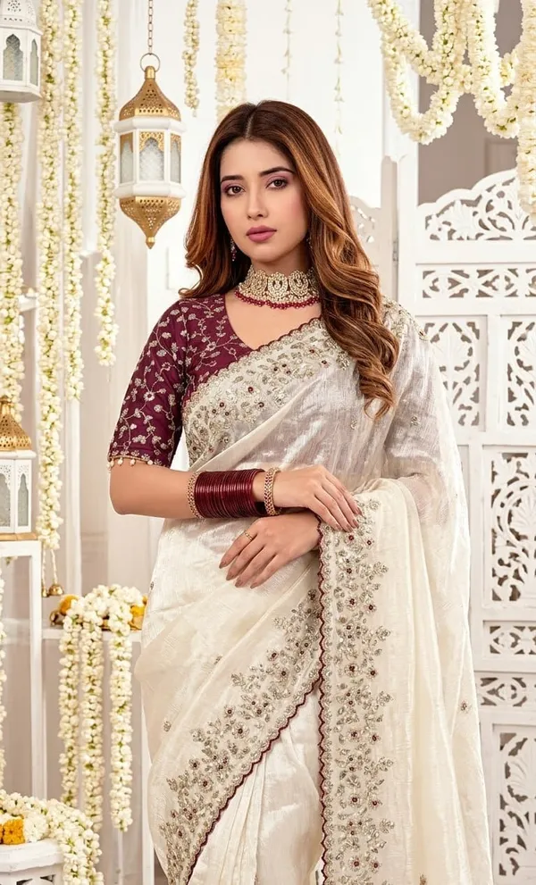 White_Embroidered_Saree_With_Maroon_Blouse_for_Women