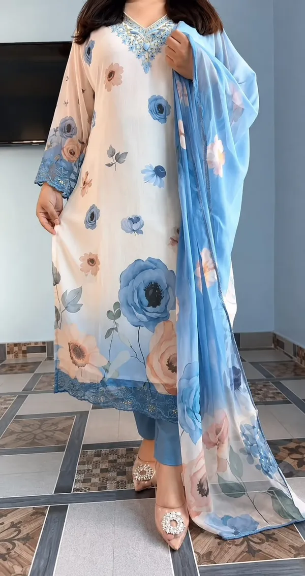 Cream_Blue_Floral_Print_Kurta_Set_For_Women