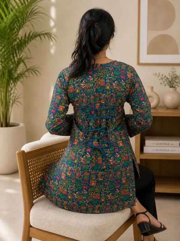 Teal_Printed_Flared_Kurti_for_Women