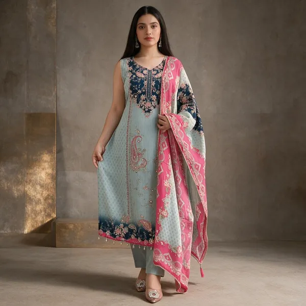 Blue_Muslin_Sleeveless_Floral_Print_Ethnic_Kurta_Set_For_Women
