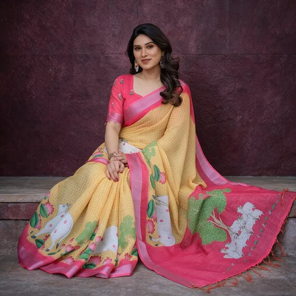 Yellow_Linen_Floral_Print_Saree_For_Women