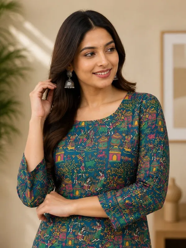 Teal_Printed_Flared_Kurti_for_Women