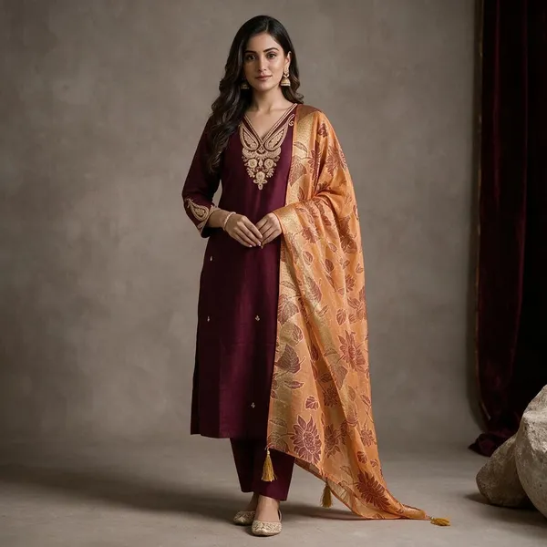 Orange_Roman_Silk_Embroidered_Straight_Kurta_Set_For_Women