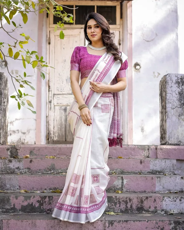 White_Printed_Traditional_Saree_For_Women