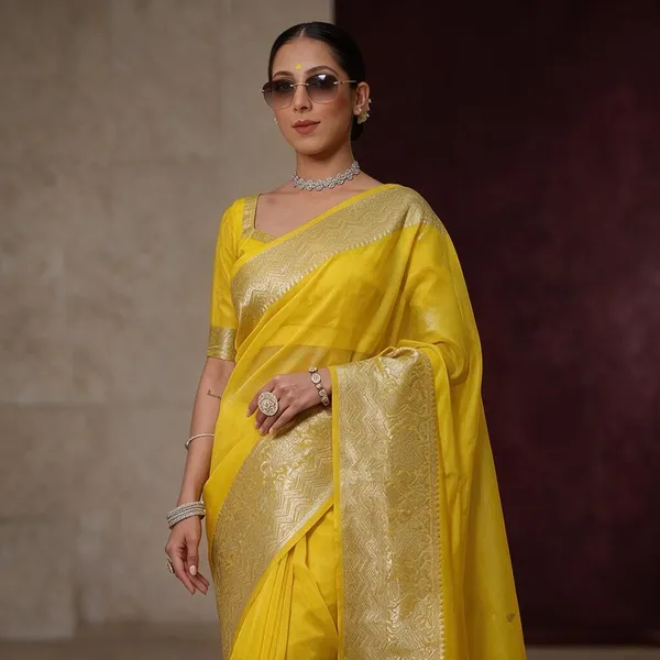 Yellow_Organza_Woven_Ethnic_Saree_For_Women