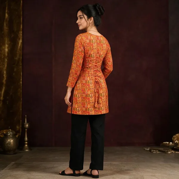 Orange_Rayon_Straight_Printed_Tie_Back_Kurti_For_Women