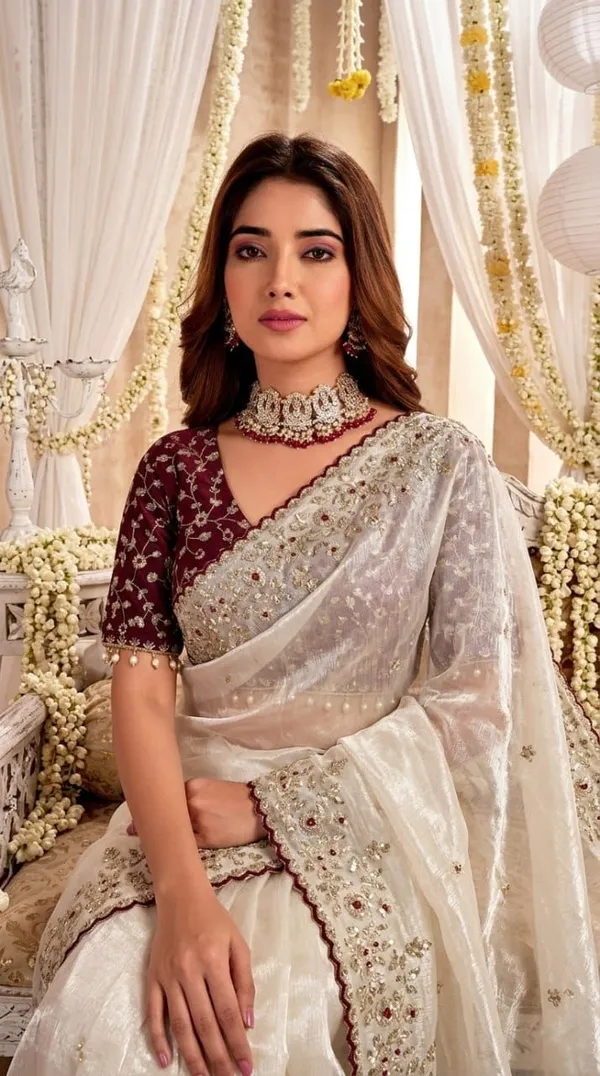 White_Embroidered_Saree_With_Maroon_Blouse_for_Women