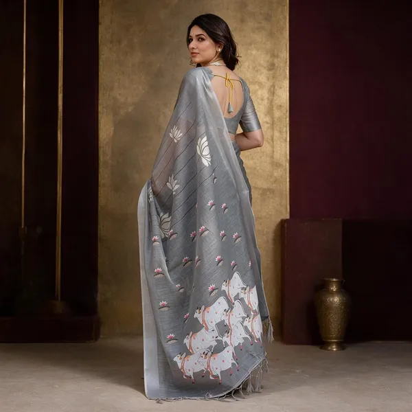 Grey_Linen_Floral_Printed_Saree_For_Women