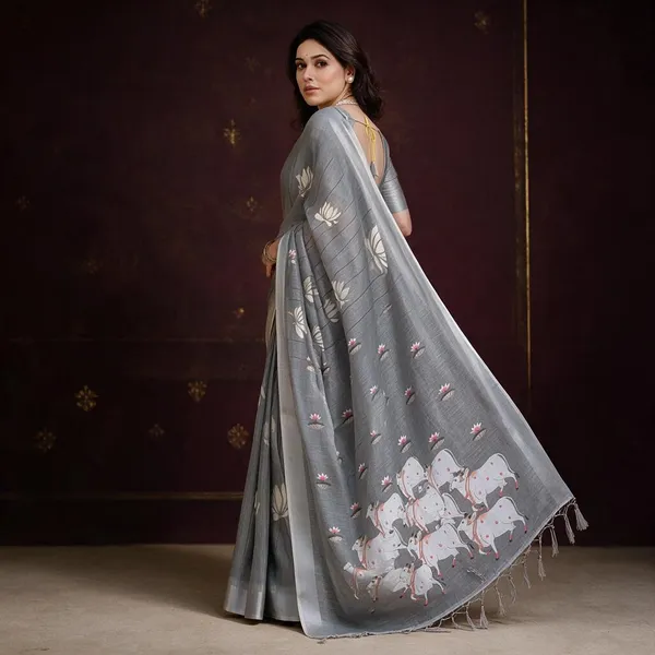 Grey_Linen_Floral_Printed_Saree_For_Women