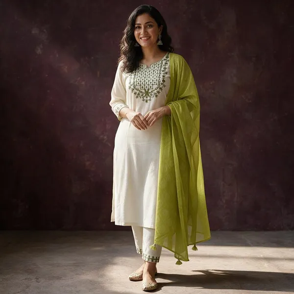 Lime_Green_Rayon_Slub_Embroidered_Suit_Set_For_Women