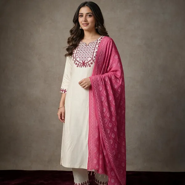 Cream_Rayon_Slub_Straight_Embroidered_Kurta_Pant_Dupatta_Set_For_Women