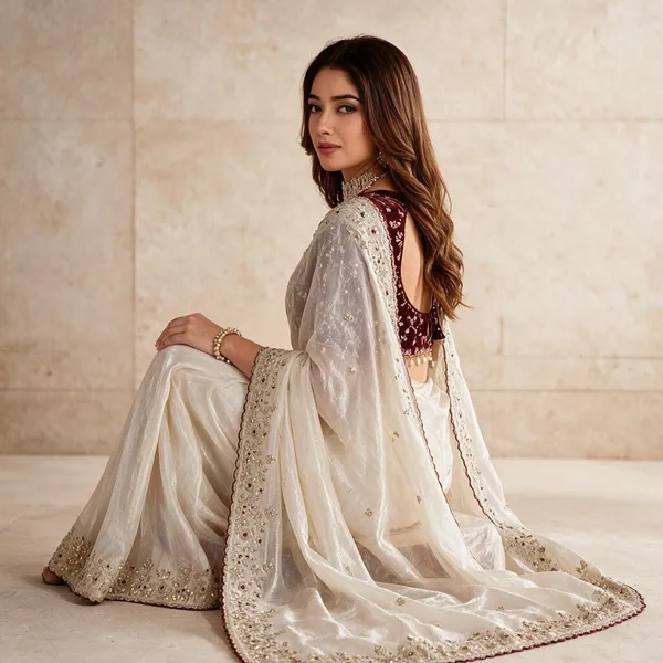 White_And_Maroon_Satin_Embroidered_Saree_With_Blouse_For_Women