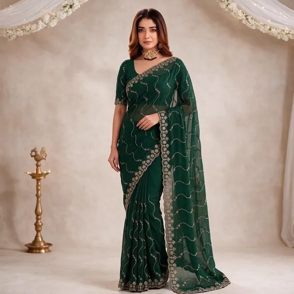 Green_Georgette_Embroidered_Zari_Border_Saree_For_Women