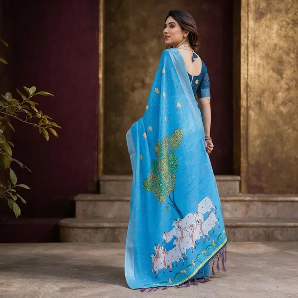 Blue_Linen_Sheer_Printed_Saree_For_Women