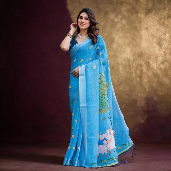 Blue_Linen_Sheer_Printed_Saree_For_Women