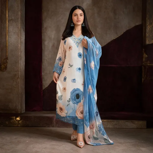 Cream_Blue_Chiffon_Straight_Floral_Print_Kurta_Set_For_Women