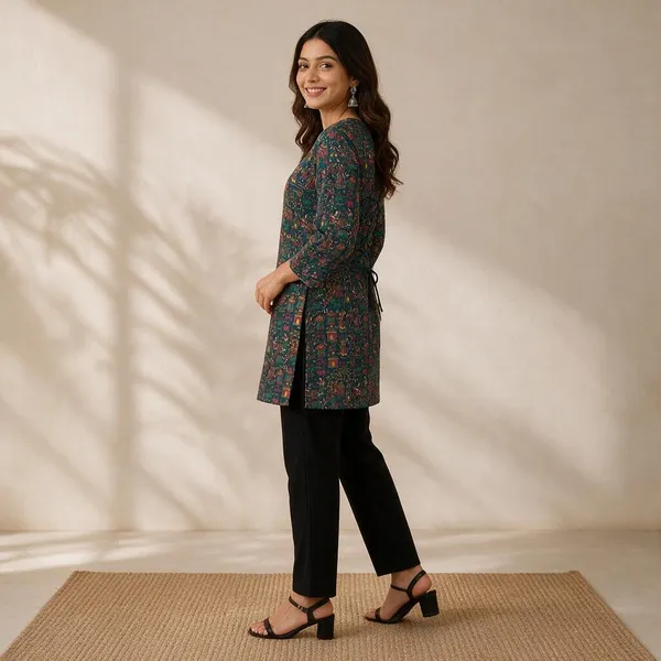 Teal_Rayon_Flared_Printed_Kurta_For_Women
