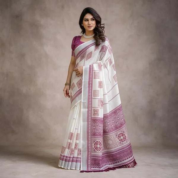 White_Linen_Printed_Traditional_Saree_For_Women