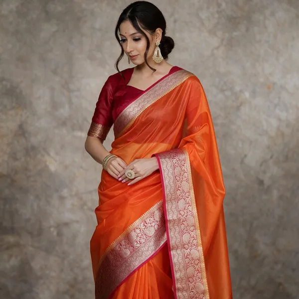 Orange_Organza_Zari_Border_Silk_Saree_For_Women