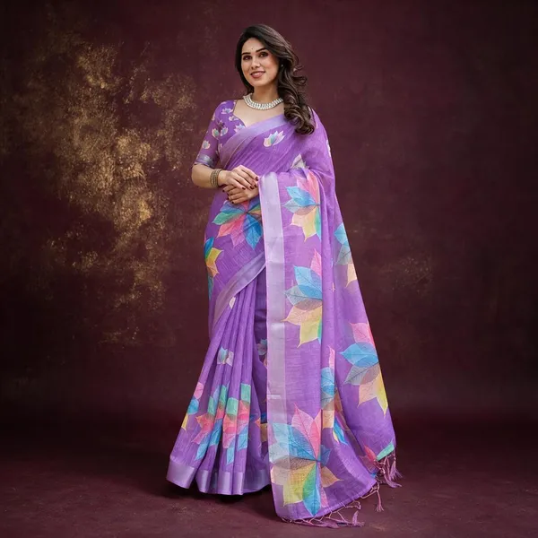 Purple_Linen_Sheer_Floral_Print_Saree_For_Women
