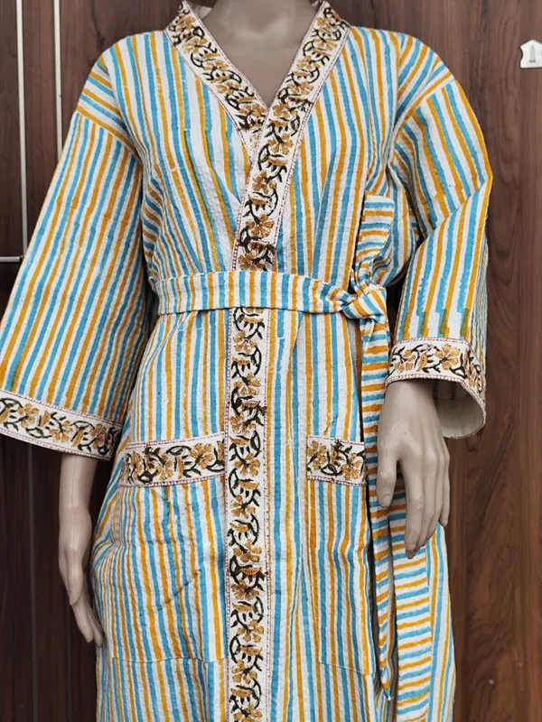 Handblock_Yellow_Gray_Stripes_&_floral_border__Waffle_Cotton_Adult_Bathrobe