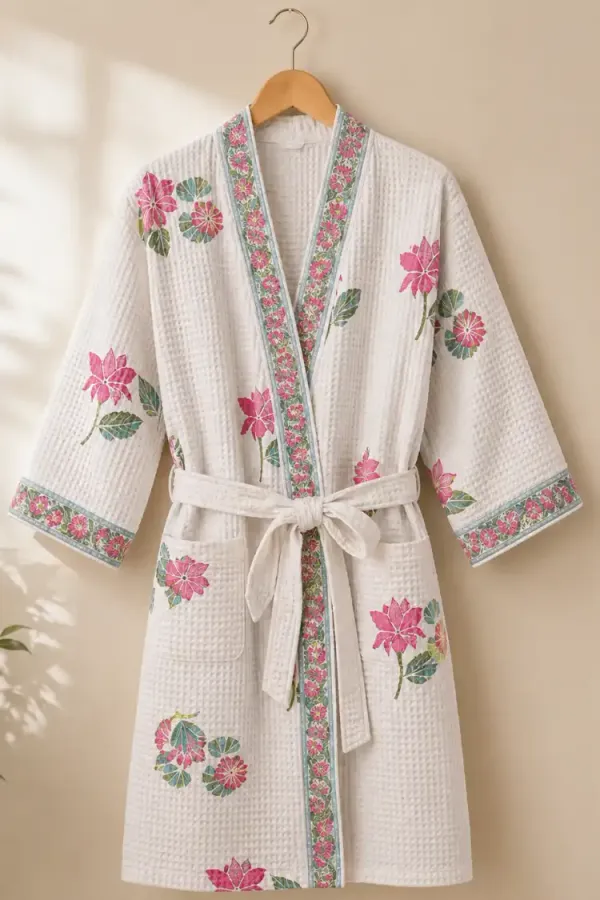 White_Pink_Waffle_Cotton_Bathrobes_For_Unisex