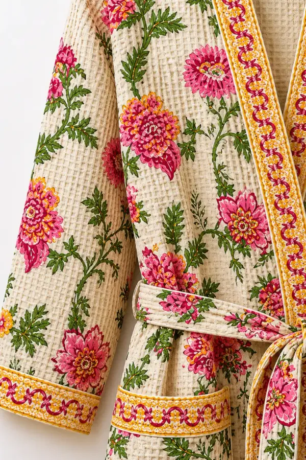 Pink_Yellow_Print_Waffle_Cotton_Bathrobes_For_Unisex
