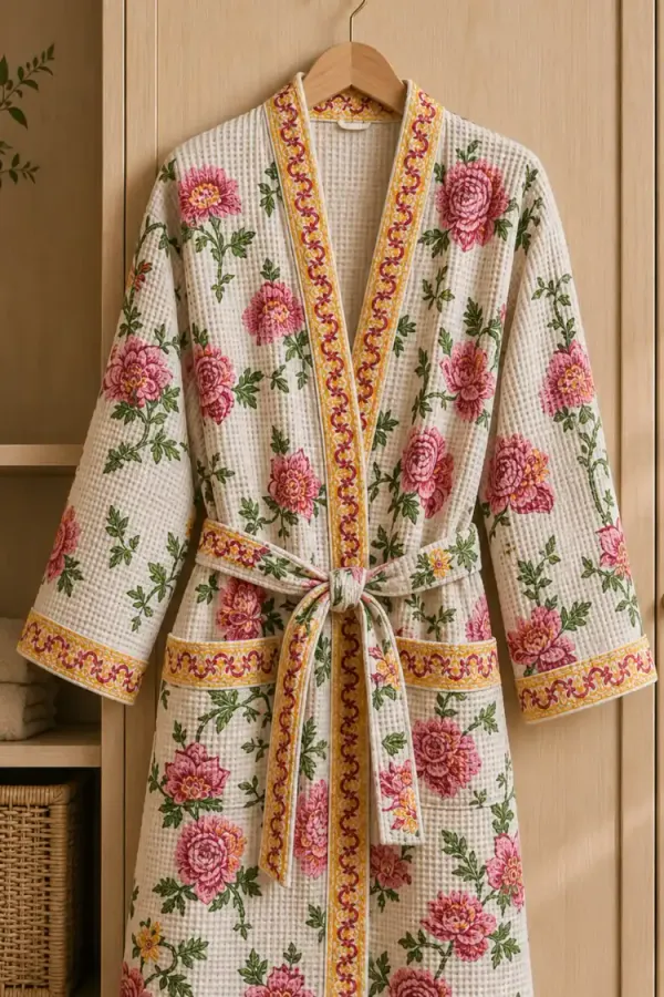 Pink_Yellow_Print_Waffle_Cotton_Bathrobes_For_Unisex