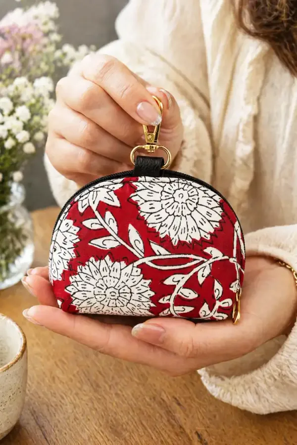 Arth-wali_Handblock_Crimson_Floral_Charm_Coin_Pouch